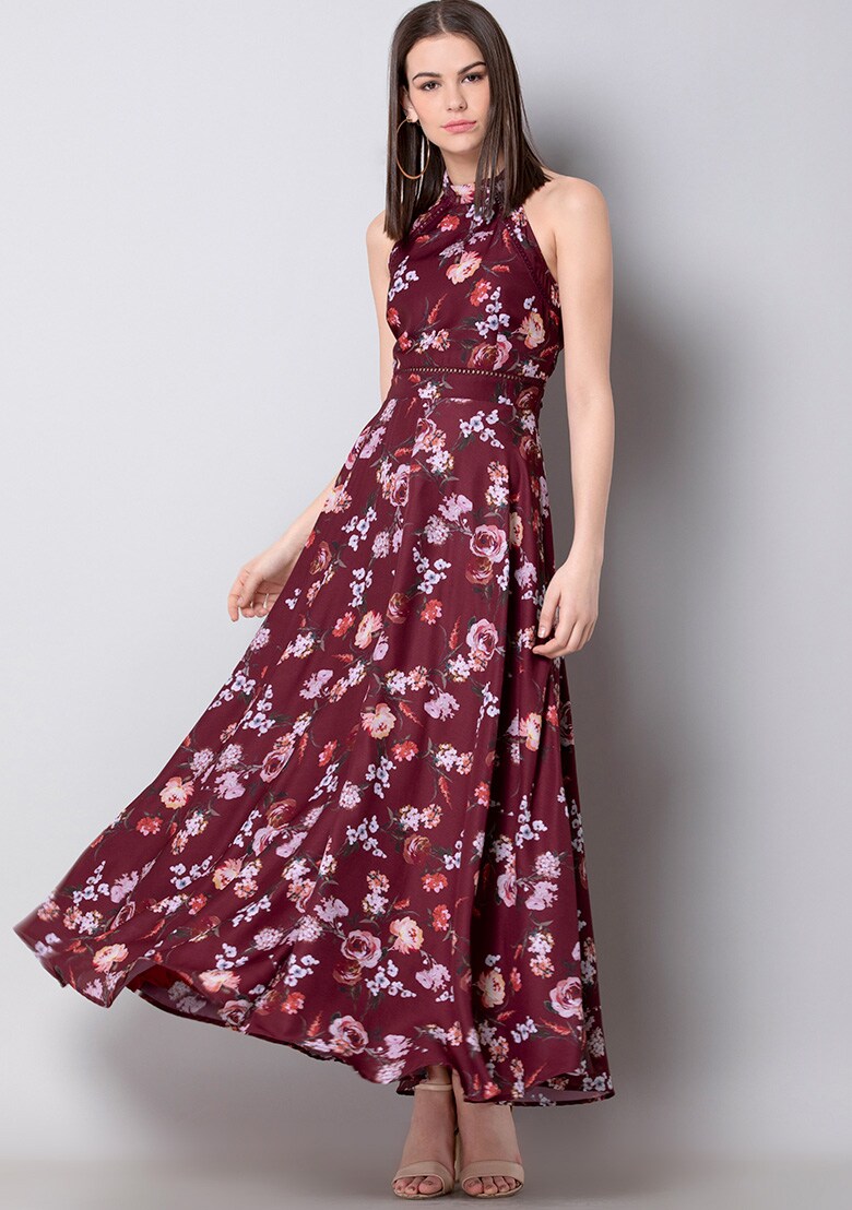 Maroon Floral Back Cut Out Maxi Dress ...